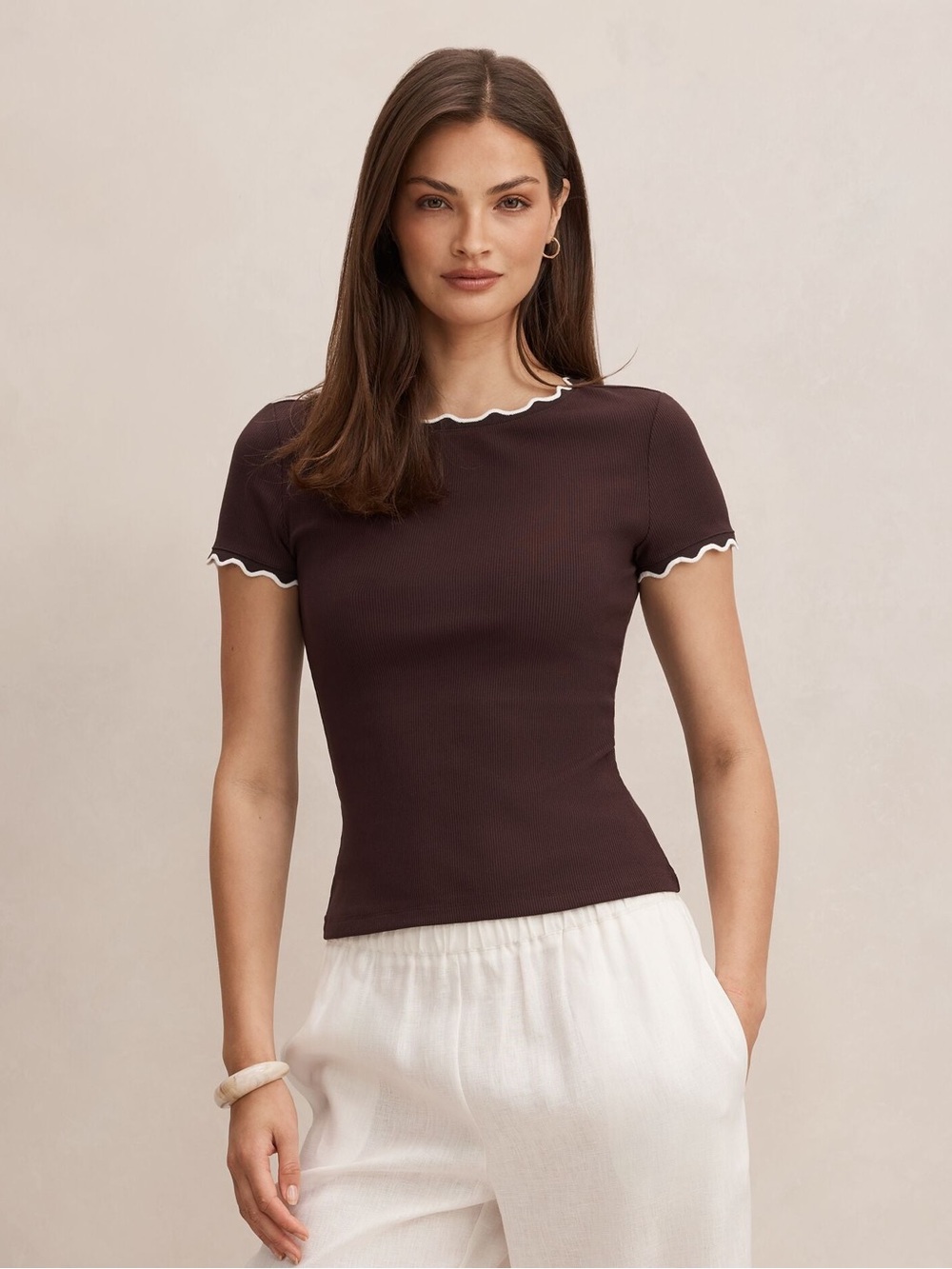 Ever New Chocolate Ribbed Short-Sleeve Top with White Lettuce Trim